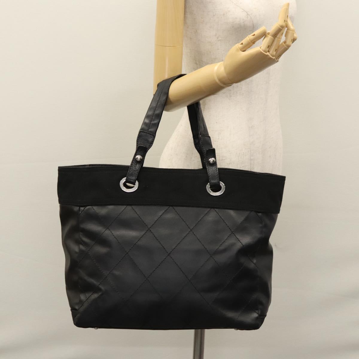 CHANEL Paris Biarritz MM Tote Bag Coated Canvas Black Silver CC bs22052