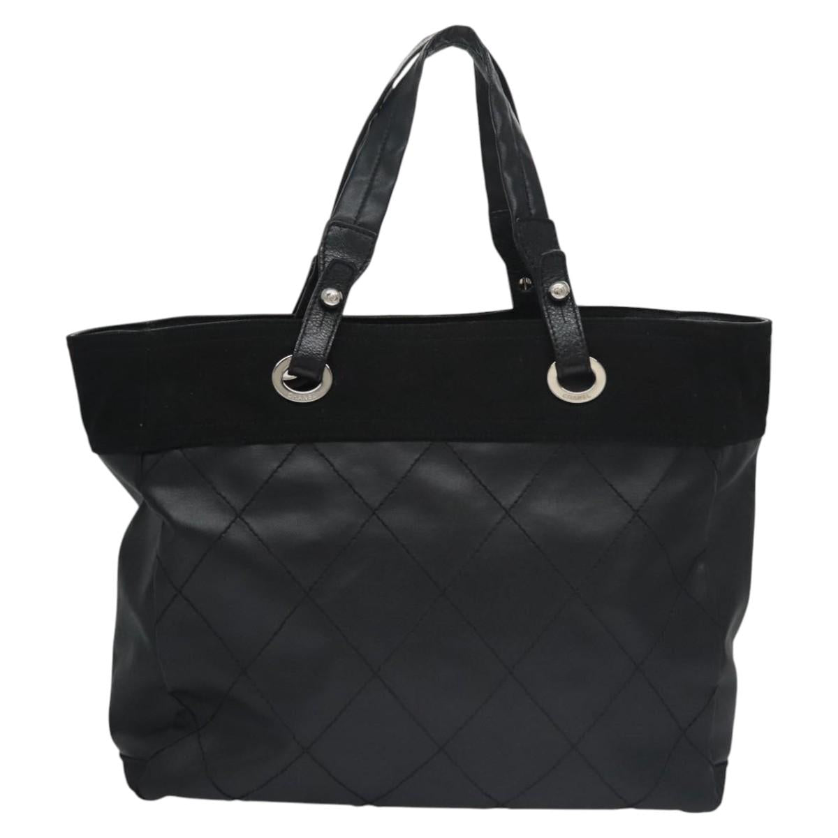 CHANEL Paris Biarritz MM Tote Bag Coated Canvas Black Silver CC bs22052