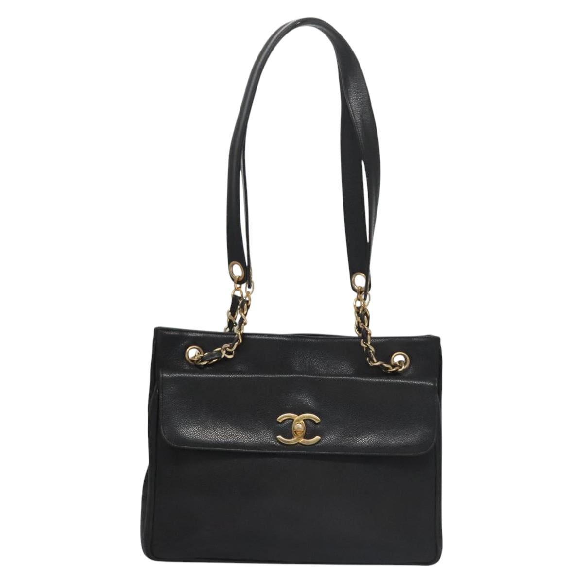 CHANEL Big COCO Mark Chain Tote Bag Caviar Skin Black Gold CC bs22057