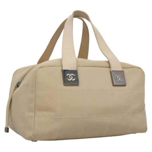 CHANEL Choco Bar Hand Bag Canvas Beige Silver CC bs22254