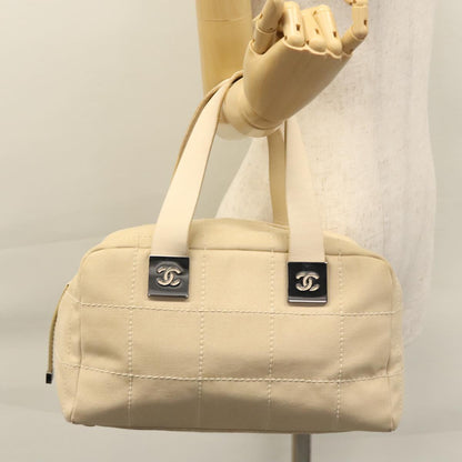 CHANEL Choco Bar Hand Bag Canvas Beige Silver CC bs22254