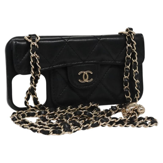CHANEL Chain Phone Case Lamb Skin Black Gold CC bs22420