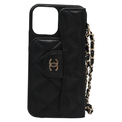 CHANEL Chain Phone Case Lamb Skin Black Gold CC bs22420