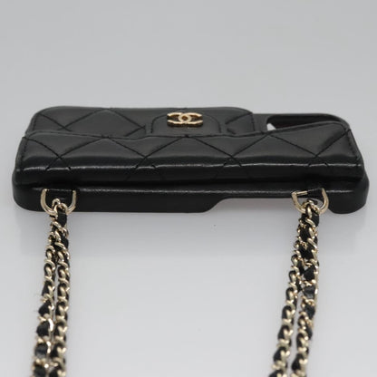 CHANEL Chain Phone Case Lamb Skin Black Gold CC bs22420