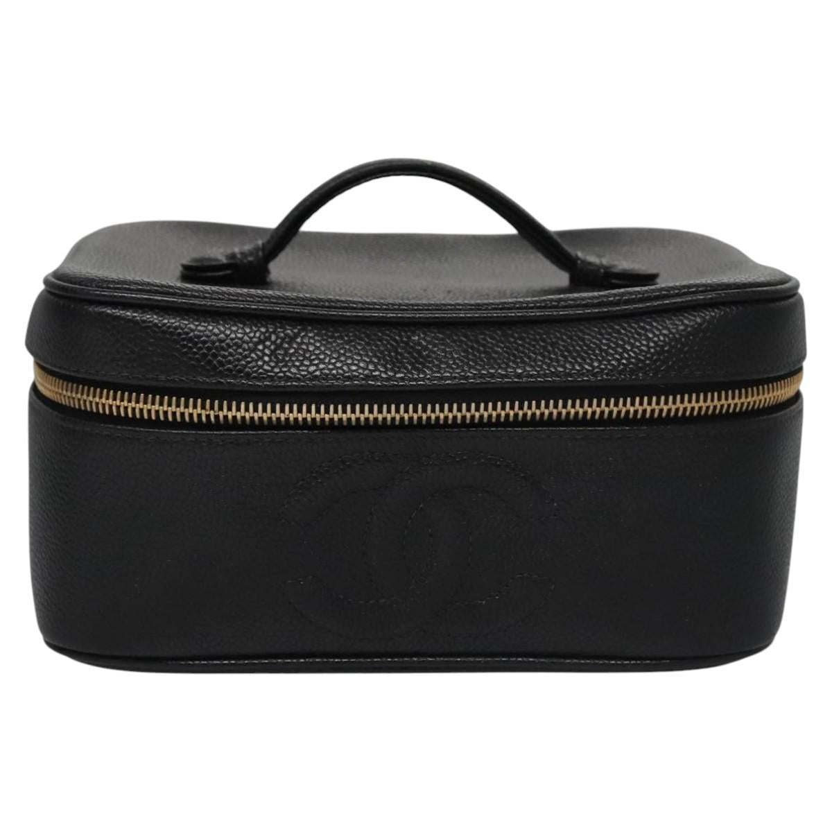 CHANEL Vanity Cosmetic Pouch Caviar Skin Black Gold CC bs22423