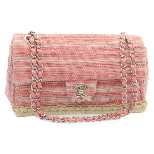 CHANEL Chain Flap Shoulder Bag Turn Lock Canvas Pink CC bs334A
