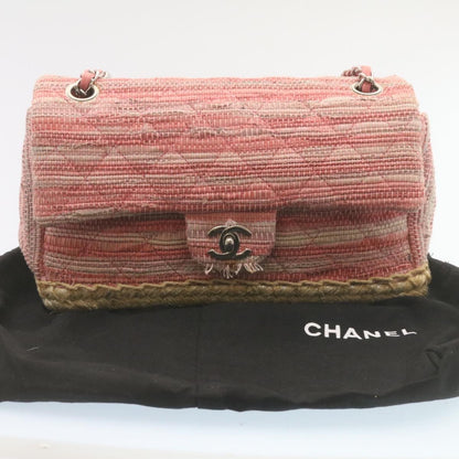 CHANEL Chain Flap Shoulder Bag Turn Lock Canvas Pink CC bs334A