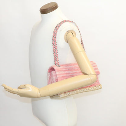 CHANEL Chain Flap Shoulder Bag Turn Lock Canvas Pink CC bs334A