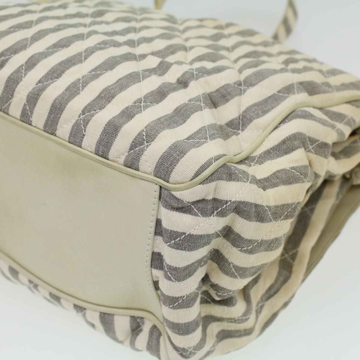 CHANEL Striped Matelasse Chain Shoulder Bag Canvas White Gray CC bs3642