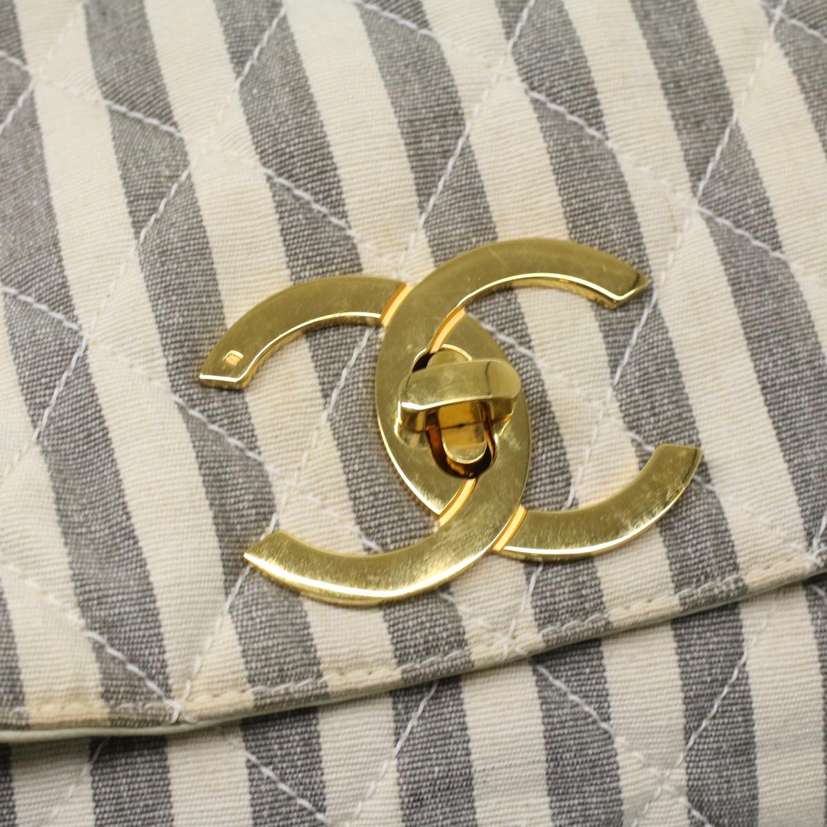 CHANEL Striped Matelasse Chain Shoulder Bag Canvas White Gray CC bs3642