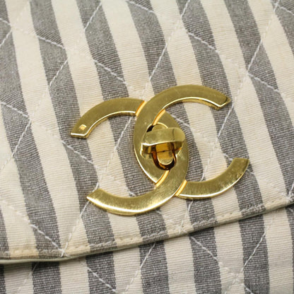 CHANEL Striped Matelasse Chain Shoulder Bag Canvas White Gray CC bs3642