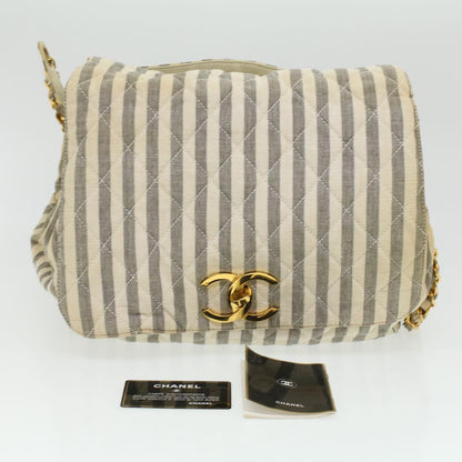 CHANEL Striped Matelasse Chain Shoulder Bag Canvas White Gray CC bs3642
