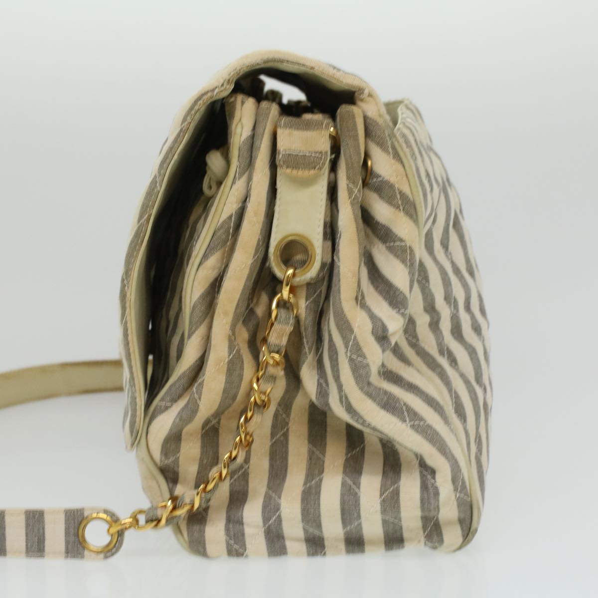 CHANEL Striped Matelasse Chain Shoulder Bag Canvas White Gray CC bs3642