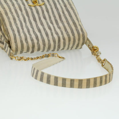 CHANEL Striped Matelasse Chain Shoulder Bag Canvas White Gray CC bs3642