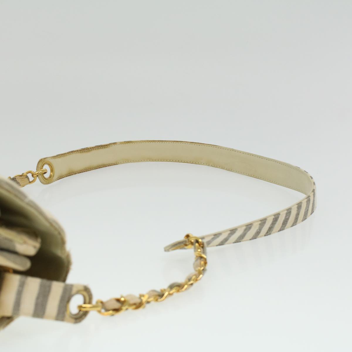 CHANEL Striped Matelasse Chain Shoulder Bag Canvas White Gray CC bs3642