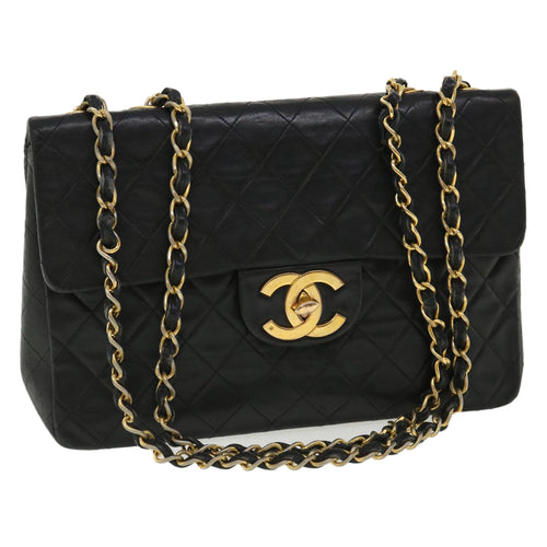 CHANEL Big Matelasse Double Chain Shoulder Bag Lamb Skin Black CC bs3702