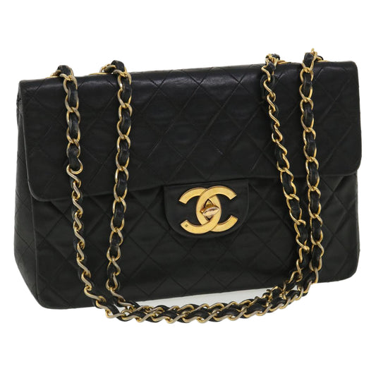 CHANEL Big Matelasse Double Chain Shoulder Bag Lamb Skin Black CC bs3702