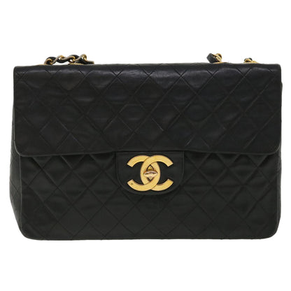 CHANEL Big Matelasse Double Chain Shoulder Bag Lamb Skin Black CC bs3702