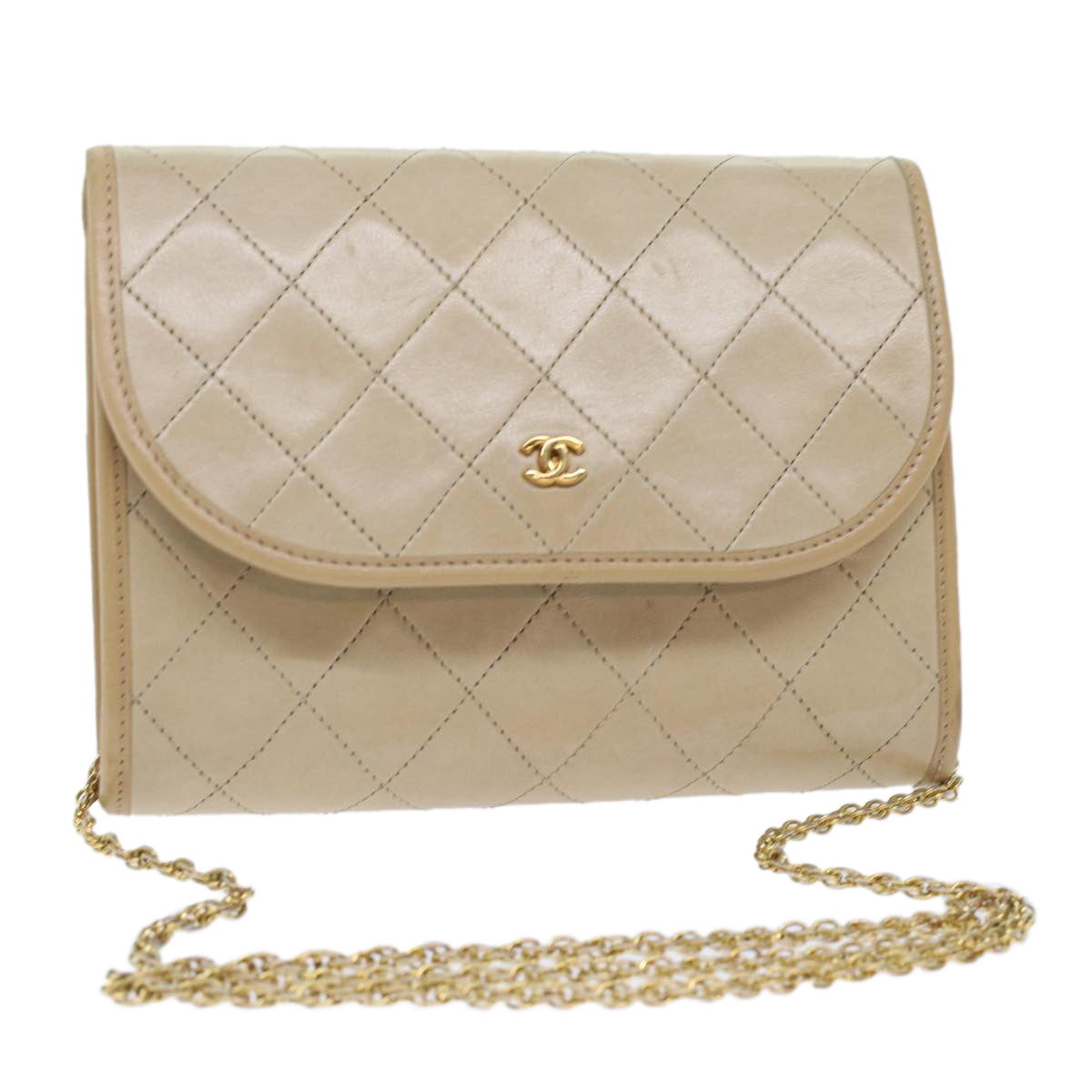 CHANEL Chain Shoulder Bag Lamb Skin Beige CC bs7081