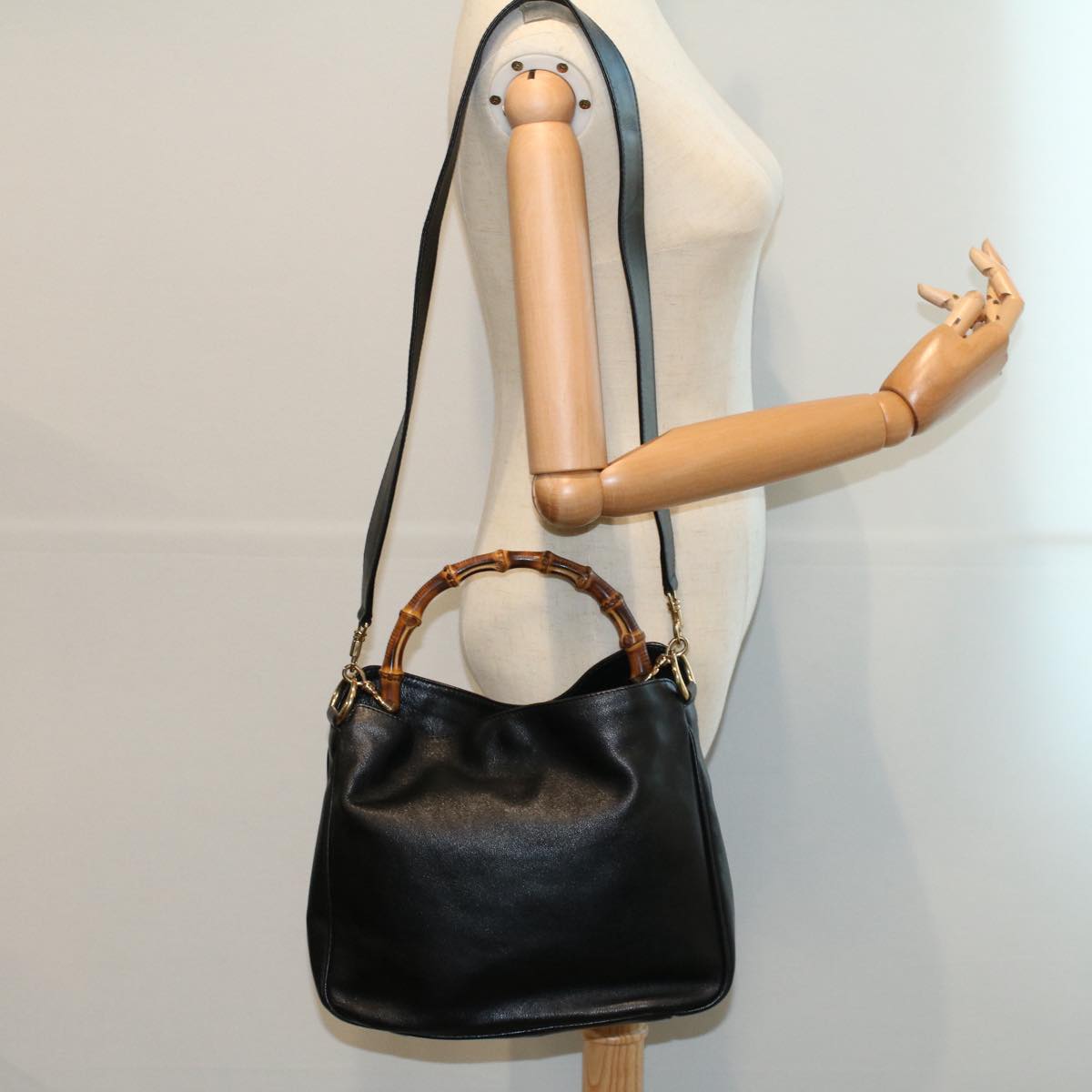 GUCCI Bamboo Shoulder Bag Leather 2way Black 001 2123 1633  bs9068