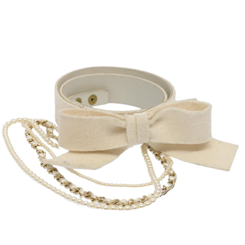 CHANEL Pearl Belt Wool 80/32 37.4"""""""" White CC bs9177