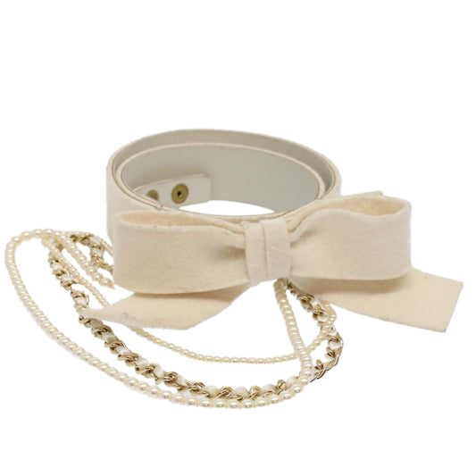 CHANEL Pearl Belt Wool 80/32 37.4"""""""" White CC bs9177