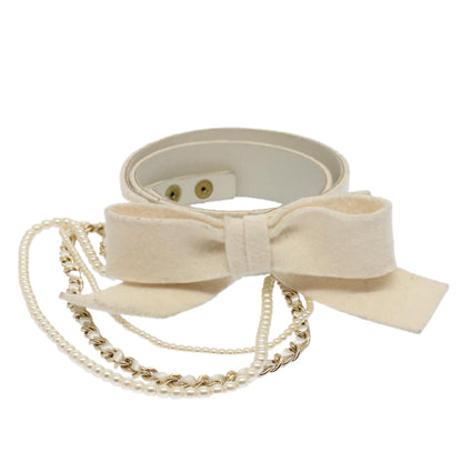 CHANEL Pearl Belt Wool 80/32 37.4"""""""" White CC bs9177