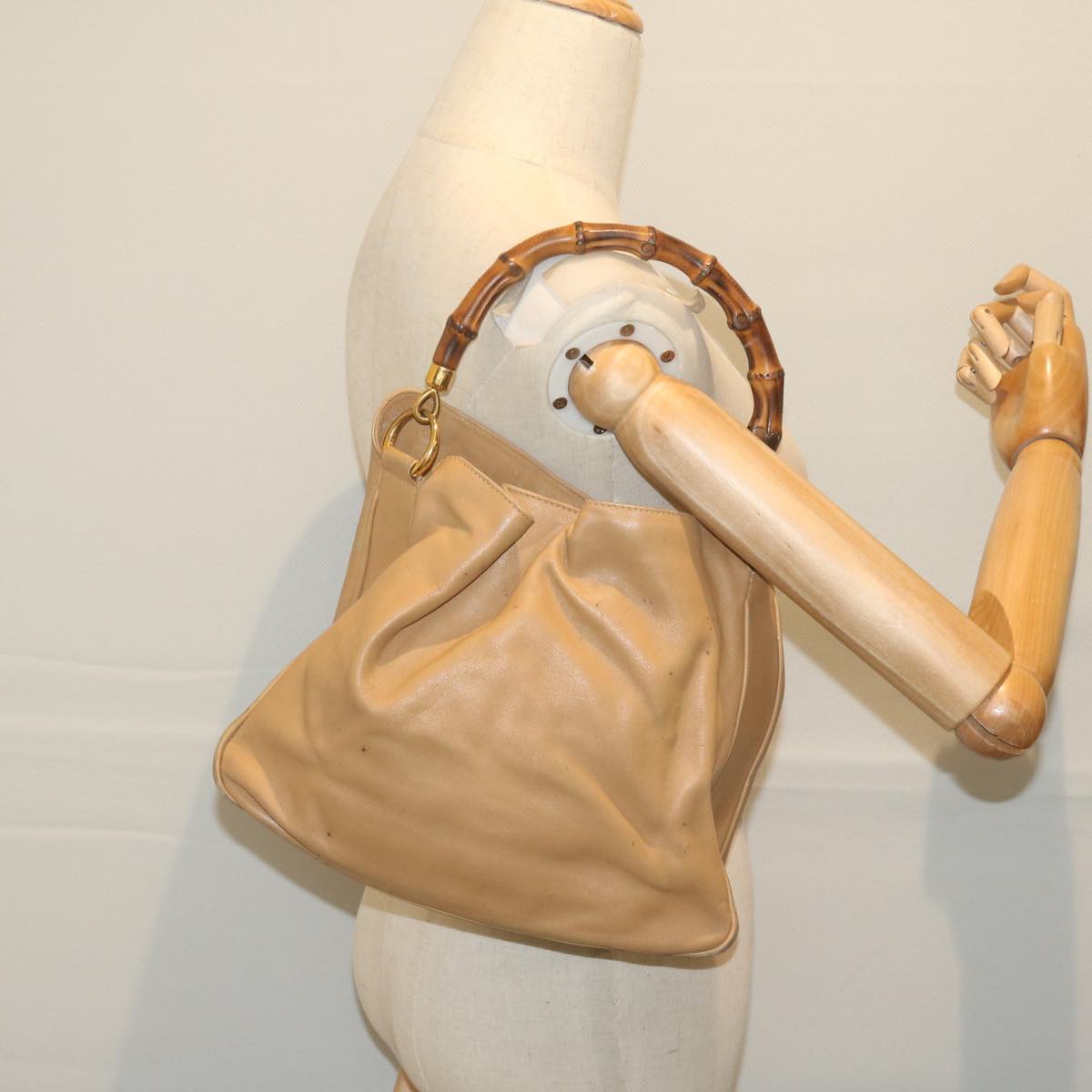 GUCCI Bamboo Shoulder Bag Leather Beige 001 1014 1638  bs9602