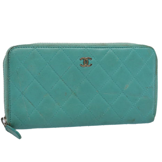 CHANEL Matelasse Wallet Lamb Skin Turquoise Blue CC bs9740