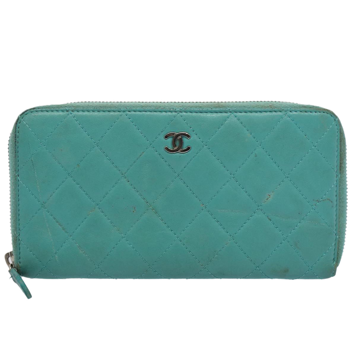 CHANEL Matelasse Wallet Lamb Skin Turquoise Blue CC bs9740