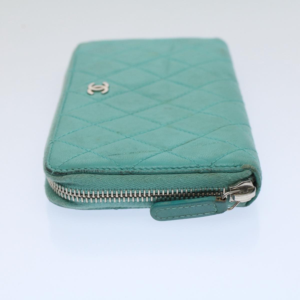 CHANEL Matelasse Wallet Lamb Skin Turquoise Blue CC bs9740