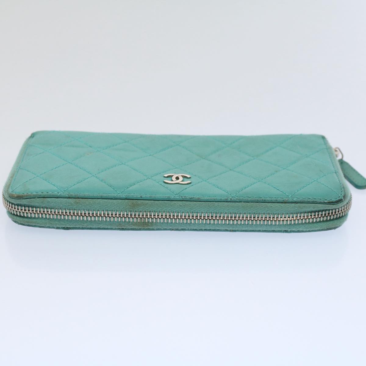 CHANEL Matelasse Wallet Lamb Skin Turquoise Blue CC bs9740