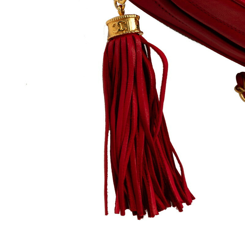 Chanel Matelasse Coco Mark Fringe Chain Shoulder Bag Red Leather Satin