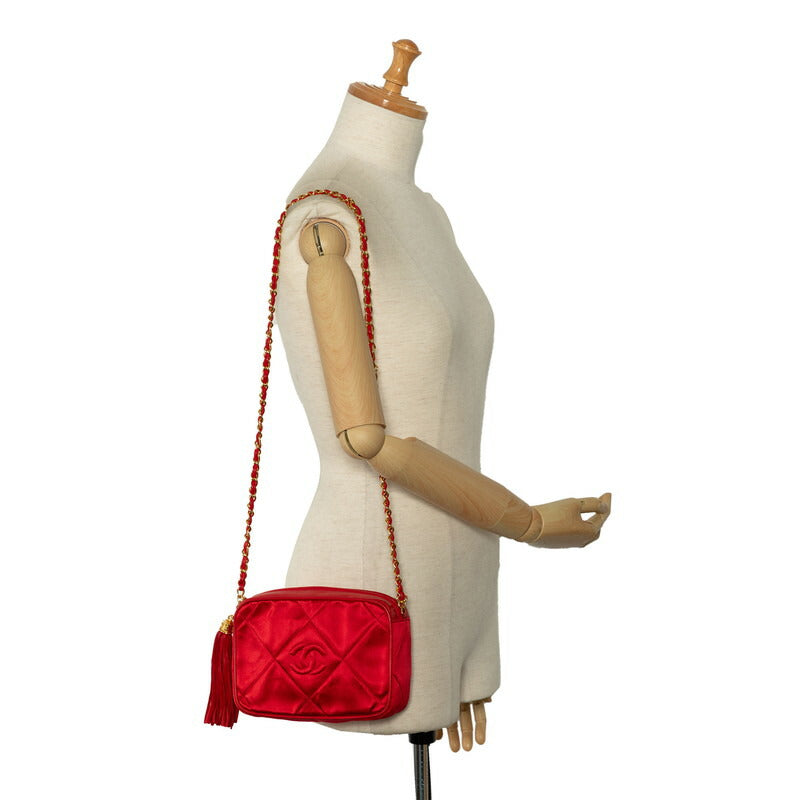 Chanel Matelasse Coco Mark Fringe Chain Shoulder Bag Red Leather Satin