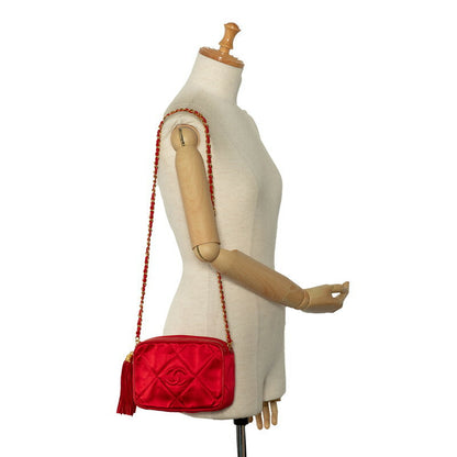 Chanel Matelasse Coco Mark Fringe Chain Shoulder Bag Red Leather Satin