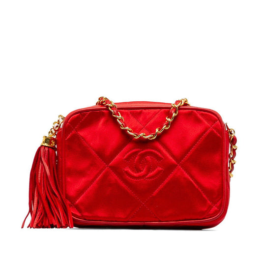 Chanel Matelasse Coco Mark Fringe Chain Shoulder Bag Red Leather Satin