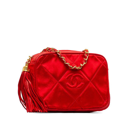Chanel Matelasse Coco Mark Fringe Chain Shoulder Bag Red Leather Satin