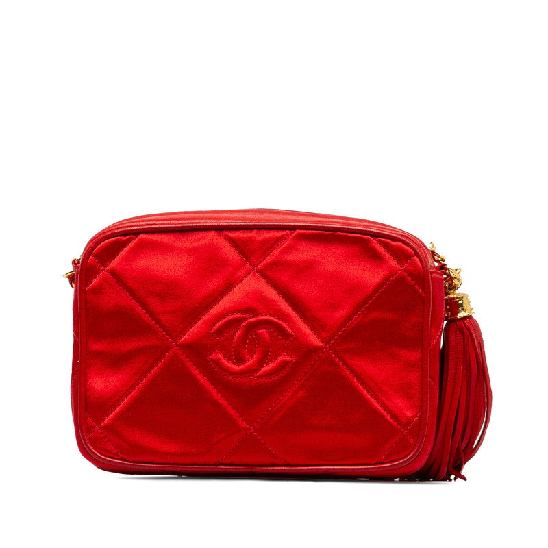 Chanel Matelasse Coco Mark Fringe Chain Shoulder Bag Red Leather Satin