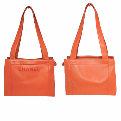 Chanel 90s Orange Caviar Embroidered Logo Shopper Tote