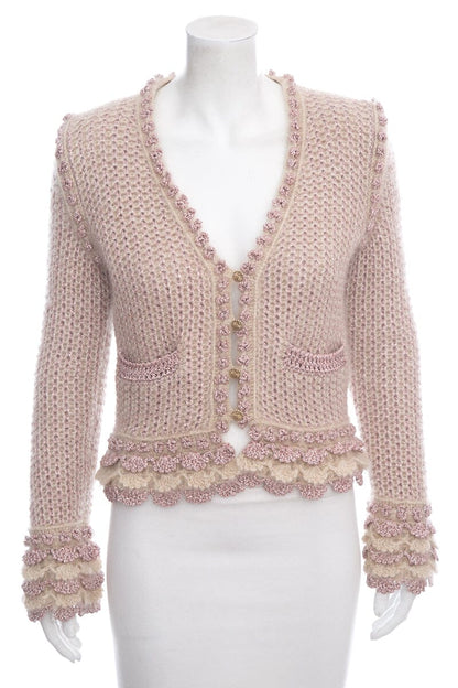 Chanel 2004 Fall Pink Shimmer Button Up Sweater SZ 38