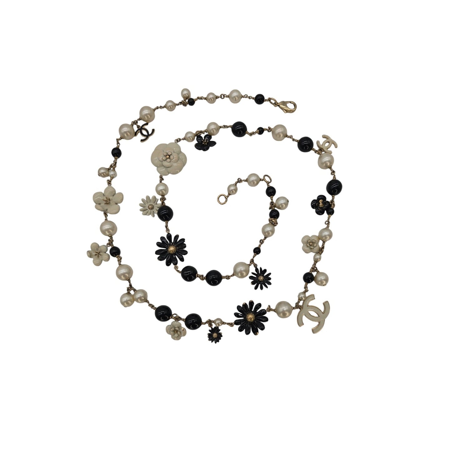 Chanel CC Camellia Black Bead Faux Pearl Long Necklace
