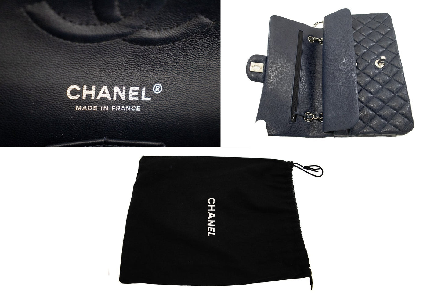 CHANEL Navy Caviar Double Flap Chain Shoulder Bag Quilted Leather j44