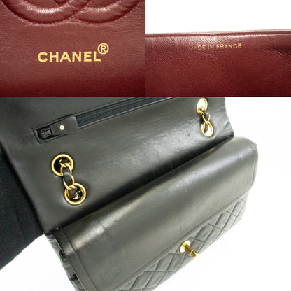 CHANEL Classic Double Flap 10" Chain Shoulder Bag Black Lambskin k49