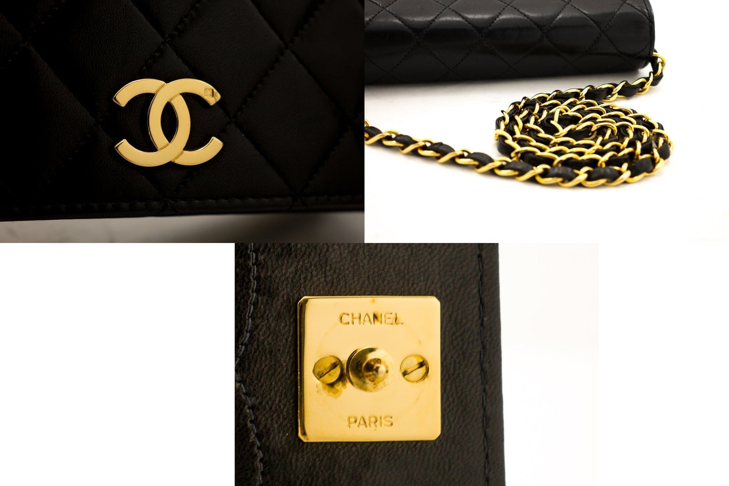 CHANEL Full Flap Chain Shoulder Bag Clutch Black Quilted Lambskin h09