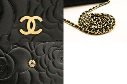 CHANEL Black Camellia Embossed Wallet On Chain WOC Shoulder Bag k53