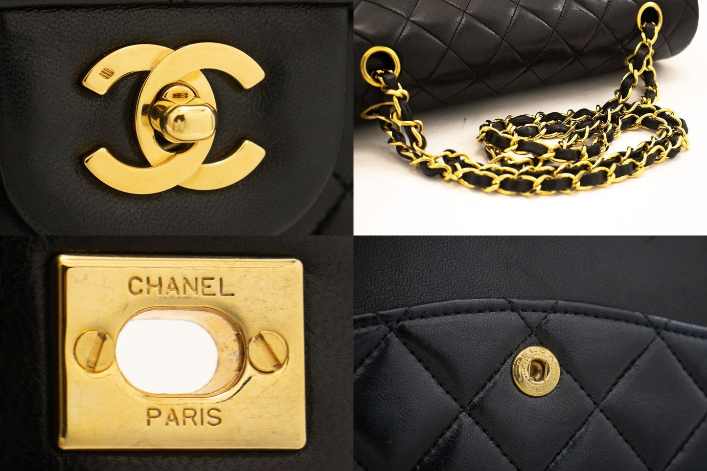 CHANEL Classic Double Flap 10" Chain Shoulder Bag Black Lambskin j92