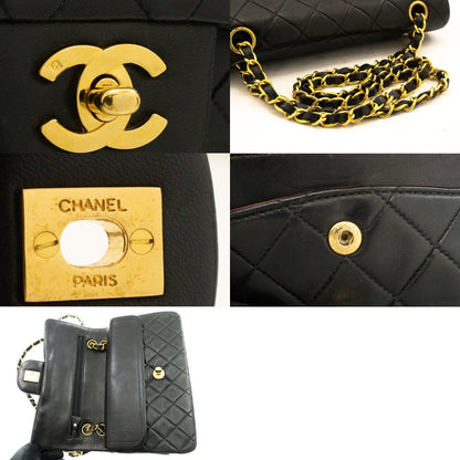 CHANEL Classic Double Flap 9" Chain Shoulder Bag Black Lambskin k51