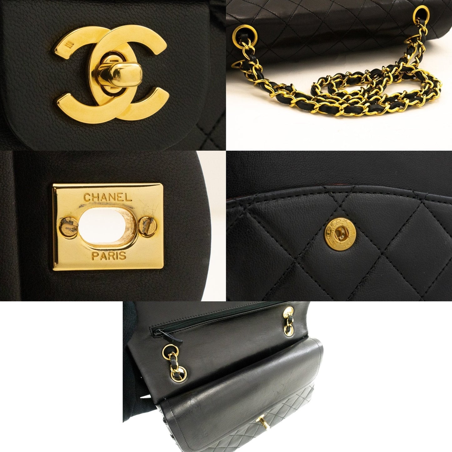 CHANEL Classic Double Flap 10" Chain Shoulder Bag Black Lambskin k46