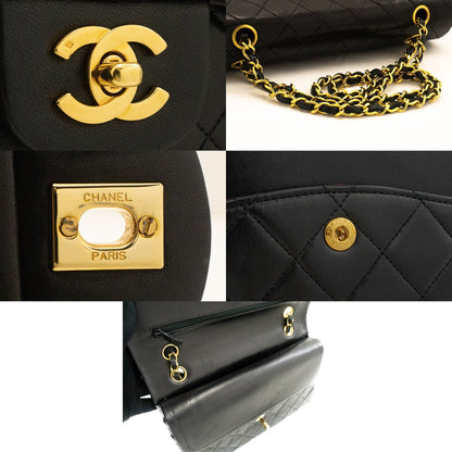 CHANEL Classic Double Flap 10" Chain Shoulder Bag Black Lambskin k46