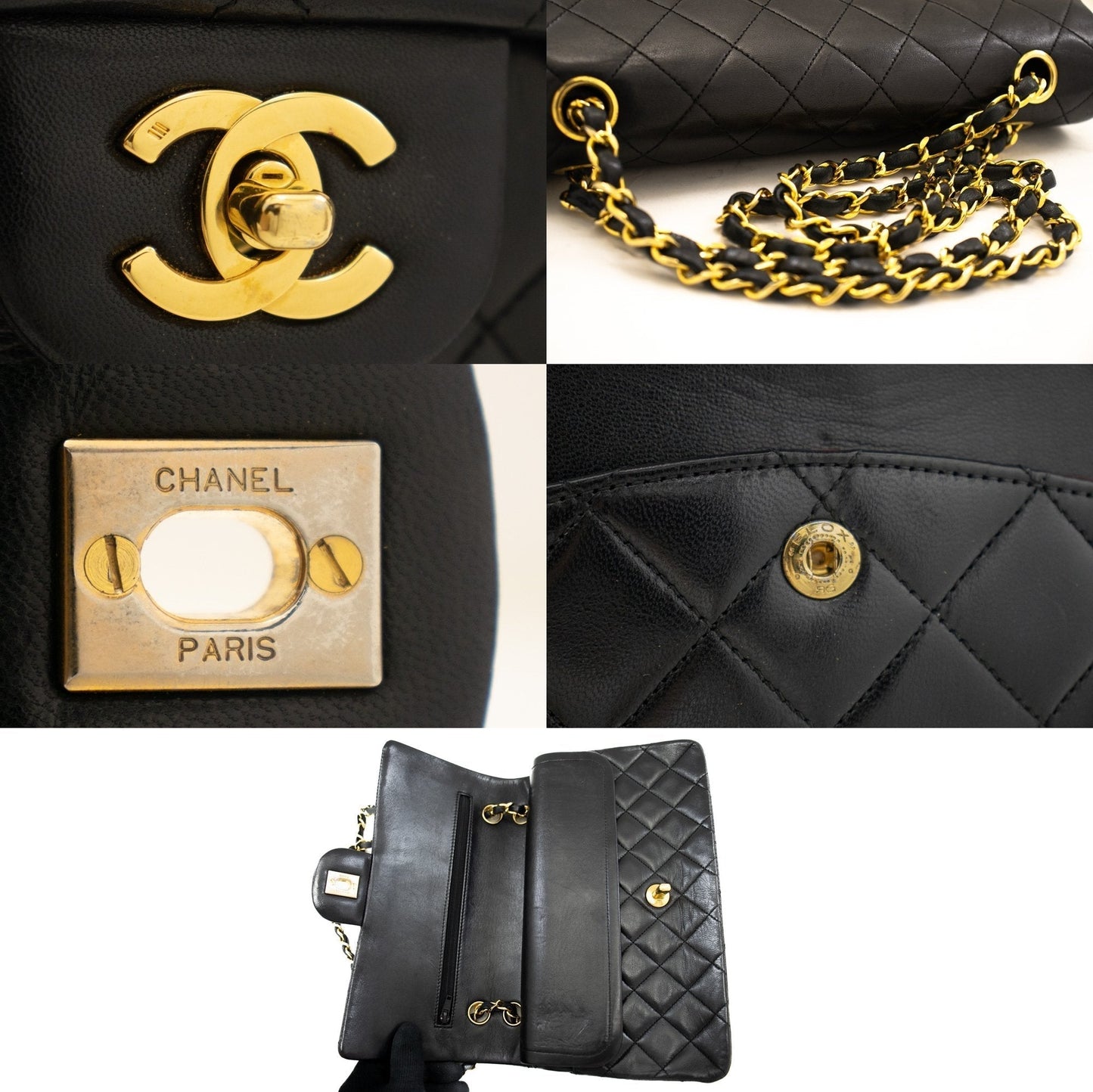 CHANEL Classic Double Flap 10" Chain Shoulder Bag Black Lambskin k69